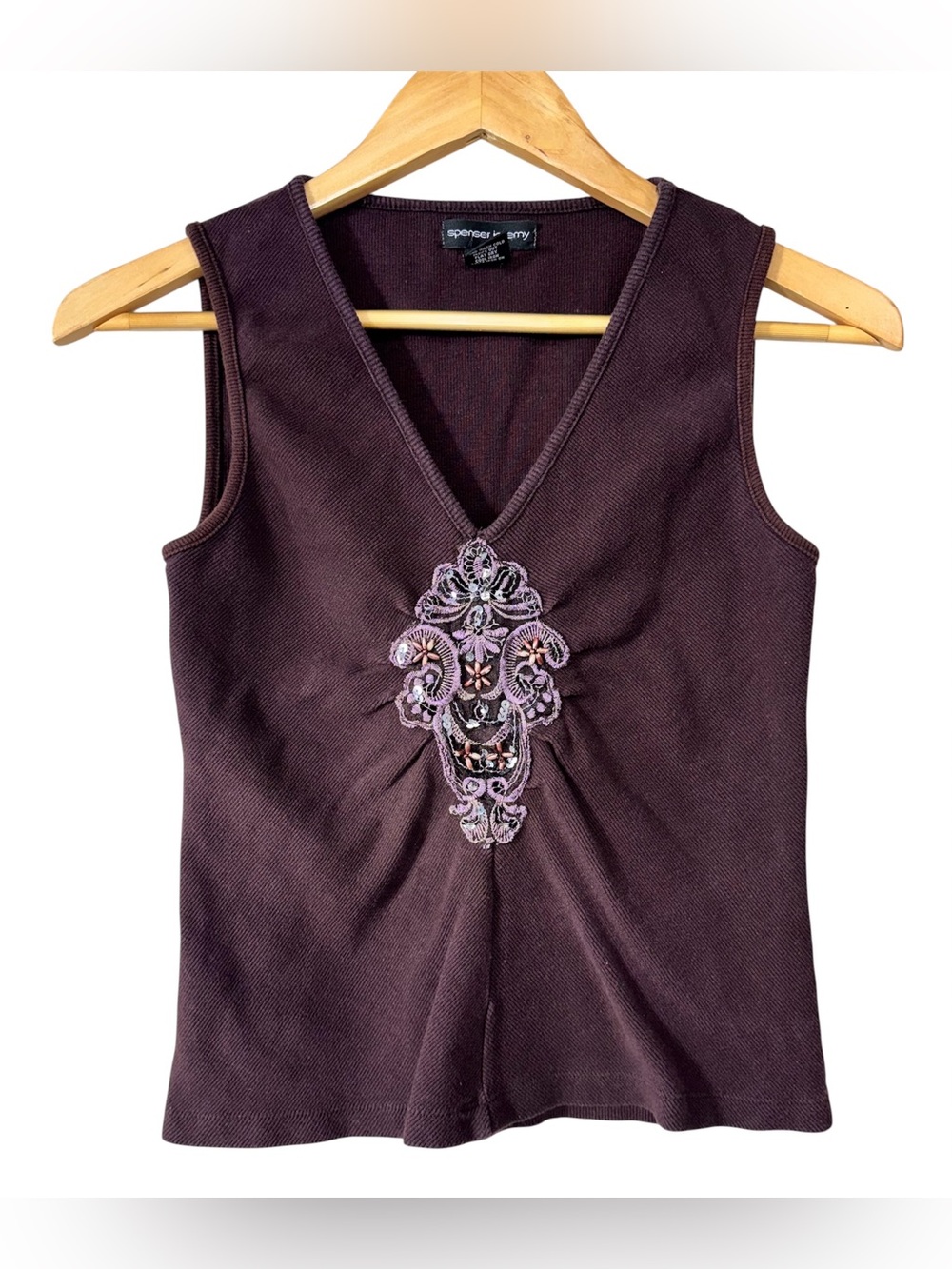 Spenser Jeremy Y2K Sleeveless Brown Top Tank Blouse XL Beaded Paisley